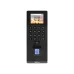 Front view of ZKTeco biometric device with illuminated fingerprint sensor, keypad, and digital display interface