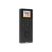 Front angled view of ZKTeco fingerprint time attendance device with keypad, color display, and compact design