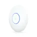 Front angled view of white Ubiquiti UniFi U7 Lite WiFi 7 Access Point featuring blue LED status ring and logo.