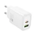 White HOCO 20W GaN fast charger with dual ports, Type-C PD and USB-A QC 3.0, compact EU plug design