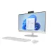 Setup view of HP All-in-One 24-cr0248d Core i5 PC with built-in webcam, white keyboard, and Windows 11 interface displayed.