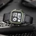 Front angled view of Casio AE-1200WHB-1BVDF Digital Watch with green bezel, world map display, and leather strap.