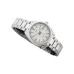 Front view of Casio LTP-1302D-7A1VDF Watch with sleek silver band, white dial, and minimalist date display.