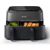 A front view of the black Philips Airfryer NA350/00 with two drawers and a digital display panel on top.