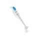 Front view of Philips HR1351/90 Hand Blender with white body, blue button, and long blending shaft ending in blade guard.