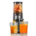 Front usage view of the Saachi NL‑JU‑4075 Slow Juicer extracting orange juice into two glasses beside the pulp container.