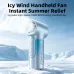 Front view of icy wind handheld fan standing upright on snowy surface emphasizing strong cooling performance