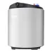 Angled view of Haier 30 Litre Vertical Water Heater Geyser showing red and blue pipe connectors for hot and cold water.