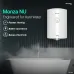 Feature highlight view of Havells Monza NU Geyser showing icons for heating, safety, and energy savings.