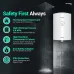 Safety feature view of Havells Monza NU Geyser showing shower setup and list of protective specifications.