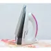 Side profile view of the Panasonic NI‑317T Dry Iron in pink standing upright on fabric after ironing.