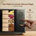 Hand adjusting dual dial controls on Oraimo InfiWave Oven with listed power levels and timer settings.