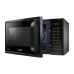 Side view of Samsung MC28H5025VK/D2 Oven with partially open door showing turntable and textured back wall.