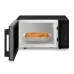 A white Whirlpool Magicook Pro 25GE microwave oven with its door open, revealing a dish of lasagna and a digital display showing 