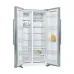 Front view of the open BOSCH KAN93VL30M Series 4 616L Refrigerator showing spacious shelves and clear storage compartments.