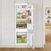 Full front view of the BOSCH KIV87NSF0M Series 2 270L Refrigerator built into cabinetry with both doors open displaying stored food.