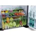 Vegetable drawer view of Hitachi R-VG690P7PB Refrigerator filled with fresh greens, peppers, berries, and bottled water.