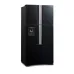 Hitachi R-W690P7PB black refrigerator with four-door design and built-in water dispenser.