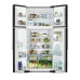 Hitachi R-W690P7PB refrigerator interior stocked with food, vegetables and beverages.