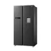 Midea MDRS791 side-by-side refrigerator with a sleek black finish and built-in water dispenser.