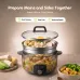 Oraimo electric multi-cooker steaming corn and plantains on top while simmering chicken stew in the pot below.