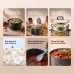 Six-panel grid illustrating key features of the Oraimo MultiPot including energy efficiency, 6L family capacity, dual cooking, and non-stick coating.