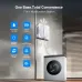 Base station view of Ecovacs WINBOT W3 OMNI Robot Window Cleaner showing 7-in-1 multifunction docking setup.