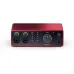 Focusrite Scarlett 4i4 4th Gen Audio Interface showing XLR/TRS inputs, gain halos, control buttons, and volume knob.