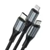 Close-up of the metal-shell USB-C, Lightning, and Micro-USB connectors on the BWOO BO-X274 3-in-1 cable.