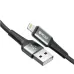 Close-up of the black and silver metal-shell USB-A and Lightning connectors on the BWOO BO-X288L cable.