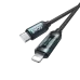 A blue and black braided BWOO BO-X305C-L cable with a USB-C and a light-up Lightning connector.