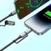 Close-up of the BWOO BO-X307 cable's Lightning connector with a grip charging a phone, with a USB-C end visible.