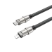 Close-up of the BWOO BO-X309 cable's durable Lightning and USB-C connectors with metal housing and braided cable.