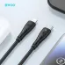 Close-up of the BWOO BO-X318CL cable's Lightning and USB-C connectors, next to an AirPod case and phone screen.