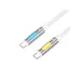 Two Type-C ends of a white braided BWOO BO-X325CC charging cable, featuring blue and yellow indicator lights.