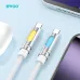 Close-up on two white braided BWOO BO-X325CC USB-C cables with silver housings, featuring yellow and blue indicator lights.
