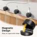 Three UGREEN LP886 black magnetic cable clips holding charging cables on a white desk edge. Inset shows an open clip with magnetic glow.