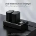 Top view of K&F Concept KF28.0010V1 NP-FZ100 Battery Charger showing dual battery slots and USB cable connection.