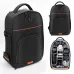 Collage of the black K&F Concept KF13.205 camera backpack, showing the exterior and interior with camera gear.
