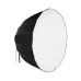 Deep parabolic octagonal softbox, black exterior, white interior.