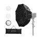 Front three-quarter view of K&F Concept KF18.0015 65cm Octagonal Softbox with Grid along with its accessories