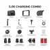 Feature overview graphic of SJCAM SJ30 8K Dual Lens Action Camera with Charging Kit displaying included accessories and charging combo contents layout