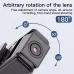 Front view of A8 Body Camera with rotatable lens shown at 0°, 90°, and 180° for adjustable recording angles.