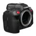 Angled front view of the black Canon EOS R5 C camera with the lens mount and red REC button.