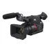 Angled view of the black Panasonic AG-CX350 professional camcorder with mic and lens hood.