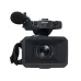 Front view of the black Panasonic AG-CX350 professional camcorder with mic and lens hood.