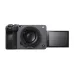 Front view of the black Sony FX3A cinema camera with a lens and articulated screen out.