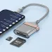 Close-up view of BWOO BO-BZ63 2-in-1 Type-C Multifunctional Card Reader connected to smartphone with SD cards placed beside adapter
