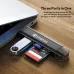 Ulanzi 3-in-1 card reader connected to laptop transferring SD and TF cards, fast data transfer plug and play setup