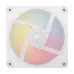 A white Corsair iCUE LINK LX120-R RGB fan with three white blades, displaying a gradient of yellow, pink, and blue light.